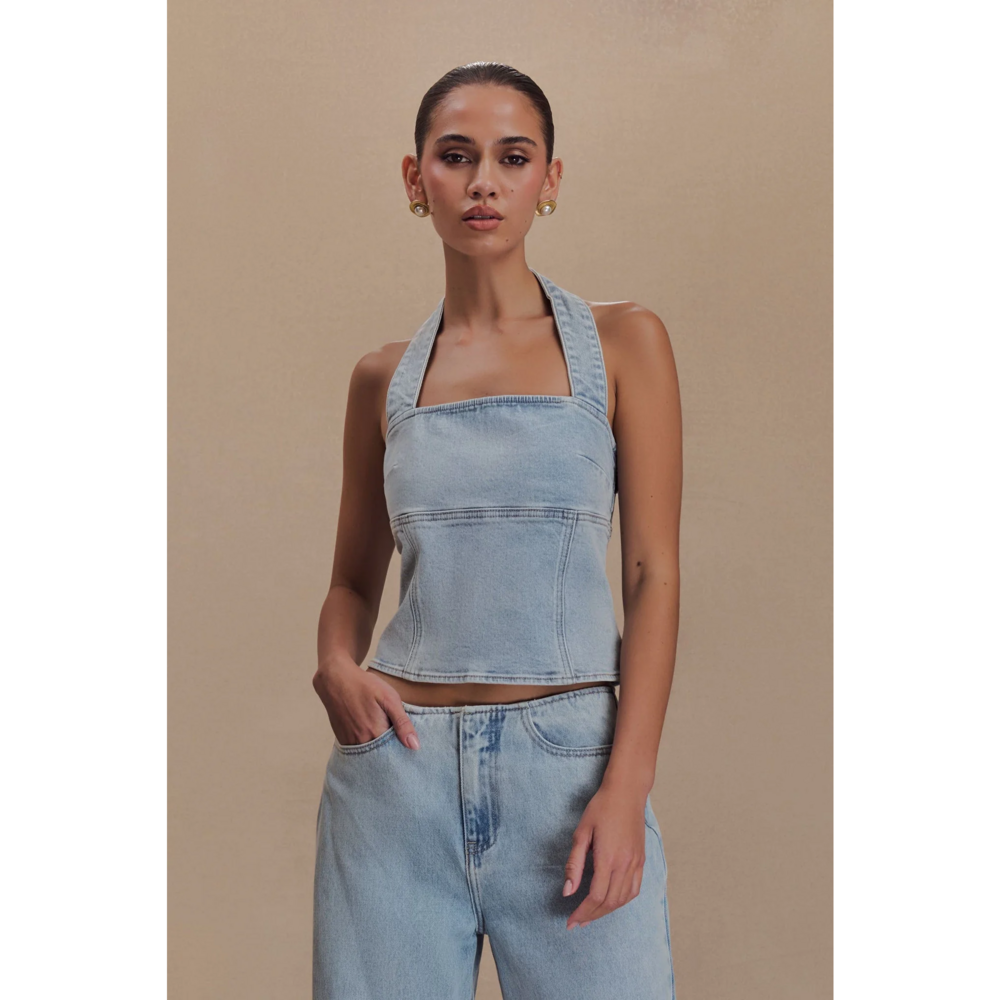 Meshki Dayna Denim Halter Top - Light Blue - Picture 1 of 2